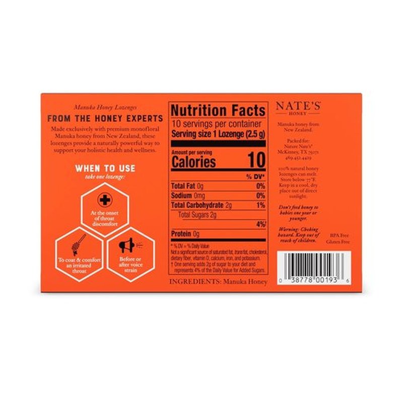 Nate's Manuka Honey Lozenges MGO 83+ - Soothing Throat Relief with New Zealand Honey | 10-Count Pack