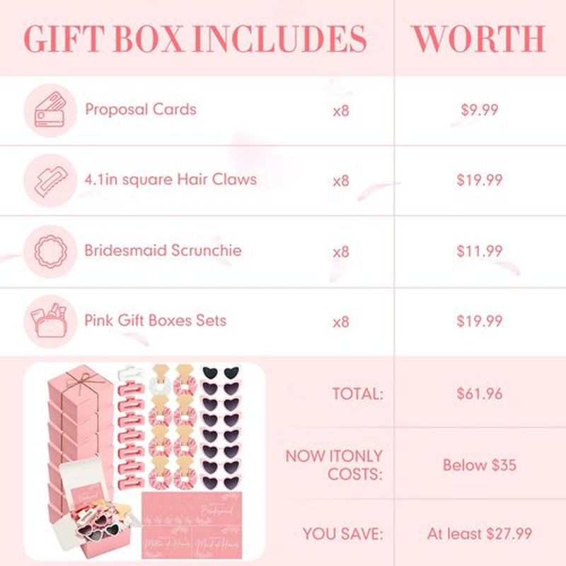Geiserailie 40 Pcs 8 Set Bridesmaid Proposal Gifts Will You Be My Bridesmaid 4.1in Square Hair Claws Heart Sunglasses(Pink)