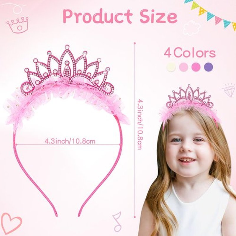 OAOLEER 4 PCS Princess Crown Headbands for Girls, Rhinestone Tulle Hairbands for Girls Toddler Tiara Crown Hair Accessories for Birthday, Party, Proms