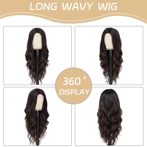 FEIVOSILAN Dark Brown Wig for Women Long Wavy Brown Wig Middle Part 26 Inch Wigs Heat Resistant Synthetic Wig for Daily Use