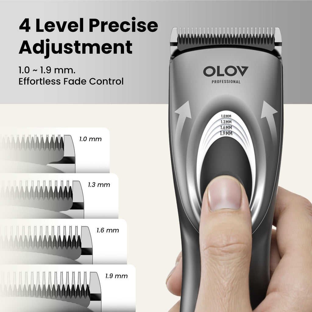 OLOV PROFESSIONAL Hair Clippers for Men, Cordless Hair Clipper Kit, Adjustable 4 Length Setting, 2-Speed Settings, Replaceable Ceramic Blade Heads, Rechargeable Hair Clippers for Family (Grey)