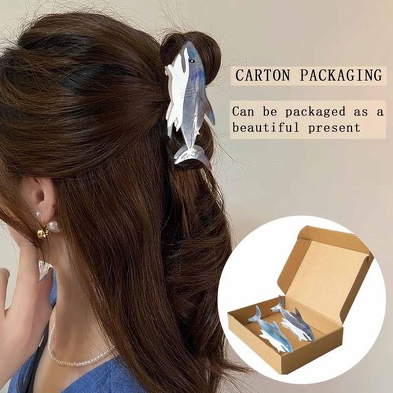 2 PCS Blue Shark Cellulose Acetate Hair Claw Clips Whale Shark Hair Clips Cute Big White Hair Clips for Women Girls Thick Thin Ocean Sea Animal Hairstyle Accessories Claw Clips