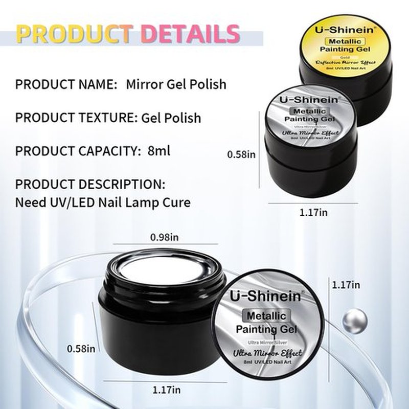 U-Shinein 2x8ml Metallic Painting Gel, Ultra Mirror Silver and Golden Painted Gel Nail Polish, 3D Metal Painting Gel Drawing Mirror Nail Gel Polish High Gloss Soak Off UV/LED DIY Nail Art Manicure