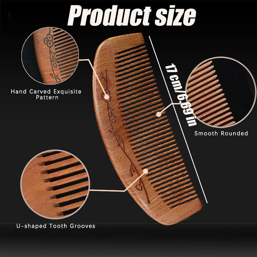 AKOAK 1 Pack Peach Comb, Wooden Fine Tooth Comb, Anti-static Hand Carved Pattern Pocket Size Travel Beard Comb, Hair Massage Tool Care Accessories, Suitable for Women, Men, Children