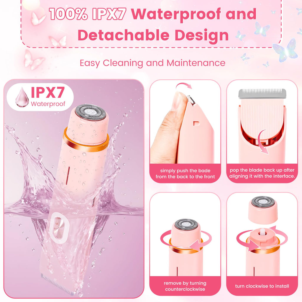 2 in 1 Bikini Trimmer for Women, Dual Head Electric Shaver, IPX7 Waterproof Wet & Dry Ceramic Blade Razors for Pubic Hair, Bikini Line, Legs, Underarms, Face, USB-C Rechargeable, Self-Care Gift, Pink