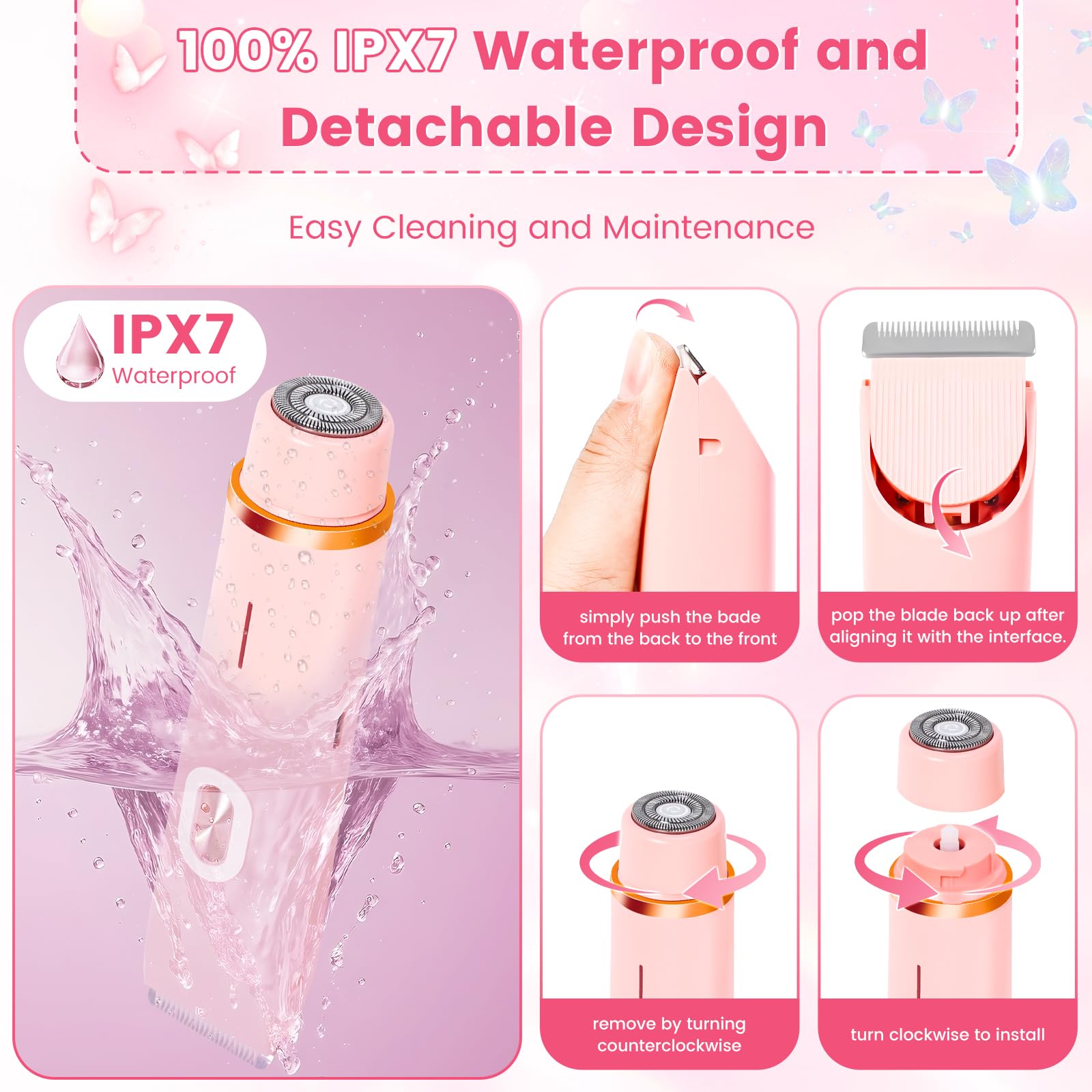 2 in 1 Bikini Trimmer for Women, Dual Head Electric Shaver, IPX7 Waterproof Wet & Dry Ceramic Blade Razors for Pubic Hair, Bikini Line, Legs, Underarms, Face, USB-C Rechargeable, Self-Care Gift, Pink