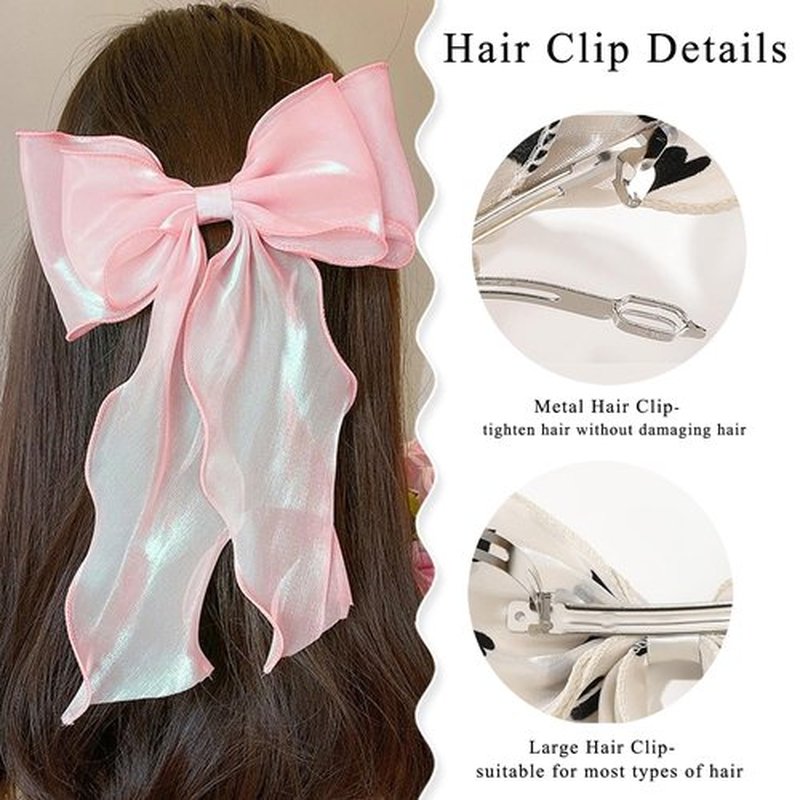Large Hair Bow Clips for Women,Blue Pink Bow Hair Barrettes with Long Tail French Hair Ribbon Clips Hair Accessories for Girls (Light Blue,Light Pink)