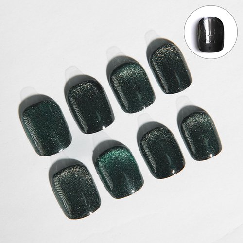 GXOIPNS Green Press on Nails Short Square, Gel Fake Nails with Glue Color Changing Cat Eye Acrylic Nails Glitter Full Cover Glue on Nails UV Finish Reusable Extra Short False Nails for Women 24 Pcs