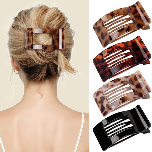 4 PCS Flat Hair Clips - French Rectangle Lay Down Claw Clips for Women Girls, Strong Hold Square Hair Accessories for Thick Thin Hair, Comfortable Curved Design for Lying, Driving and More (Tortoise)