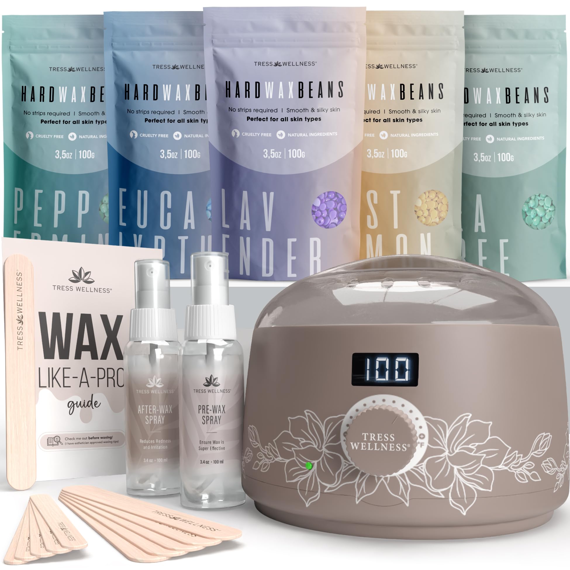 Tress Wellness Award Winning Waxing Kit for Sensitive Skin – Safe for Face & Skin, Easy to Use – At-Home Kit for Face, Bikini, Brazilian & Full Body - Digital Display, Dusty Chocolate