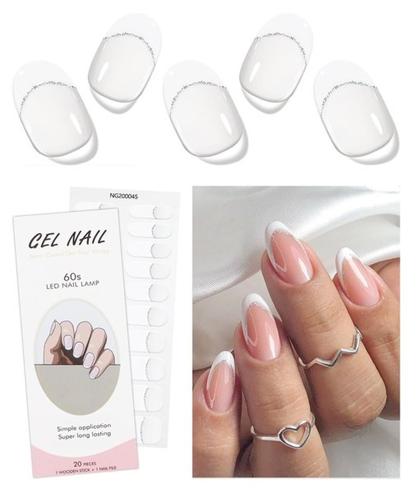 JMEOWIO Gel Nail Stickers White French Tip Transparent Semi Cured Gel Nail Strips Wraps UV/LED Nails Art Design Decoration Accessories