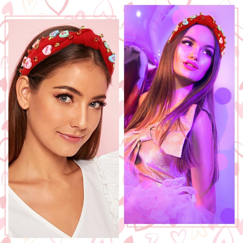 YARIEW Valentines Day Headbands for Women Love Sweet Red Heart Headband Rhinestone Knotted Headband for Women Valentine Day Decorations Fashion Headband Hair Accessories Red