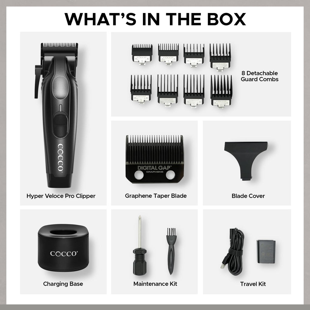 Cocco Veloce Pro Clipper, Digital Gap Ambassador Graphene Taper Blade Professional Hair Clippers, High-Torque BLDC Motor, All-Metal, Cordless, Charging Base Included, Matte Black