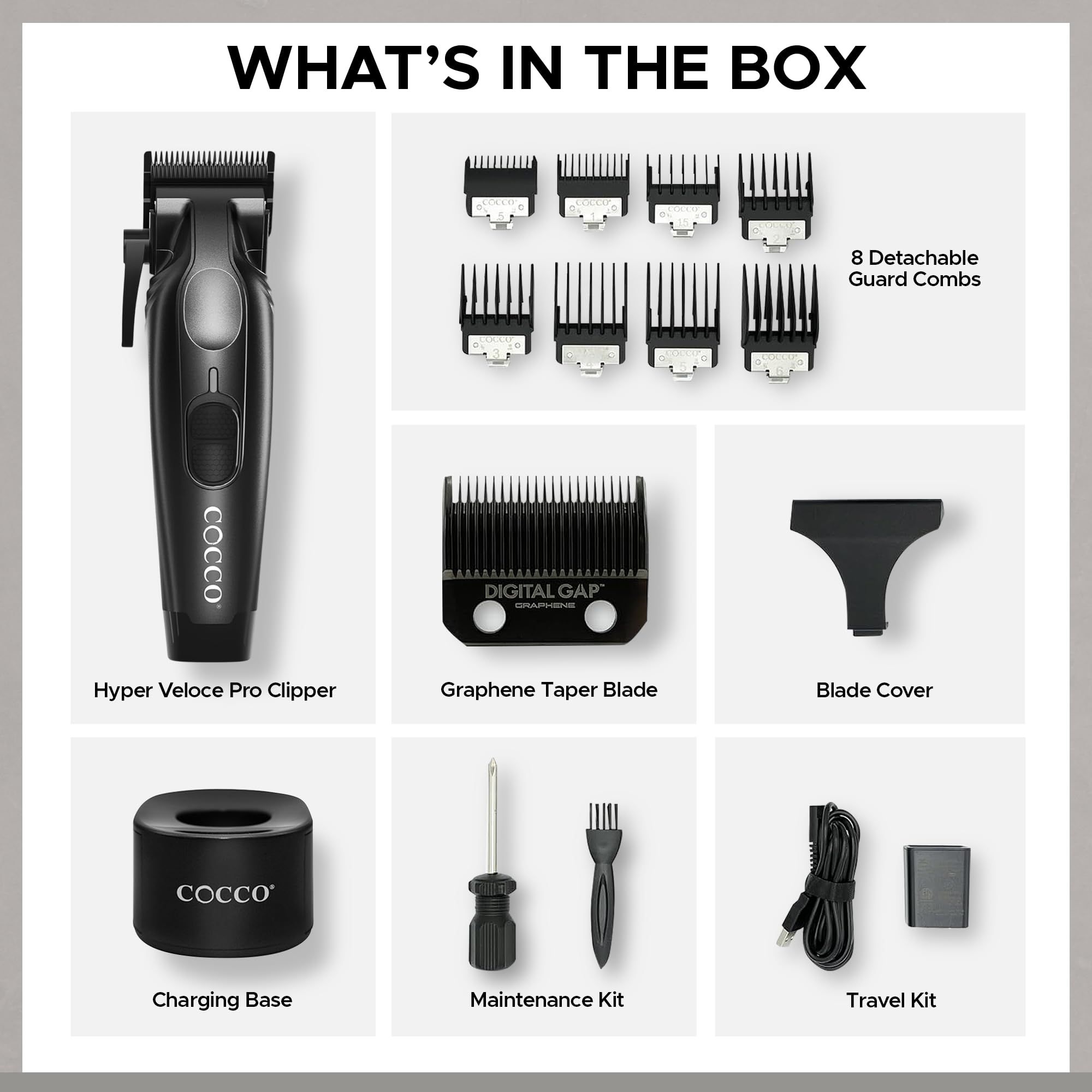 Cocco Veloce Pro Clipper, Digital Gap Ambassador Graphene Taper Blade Professional Hair Clippers, High-Torque BLDC Motor, All-Metal, Cordless, Charging Base Included, Matte Black