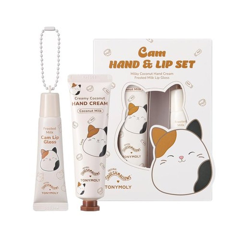 TONYMOLY Cam the Cat 2-Piece Set | Coconut Milk Hand Cream & Frosted Milk Lip Gloss - Adorable Korean Skincare Gift for Women & Teens