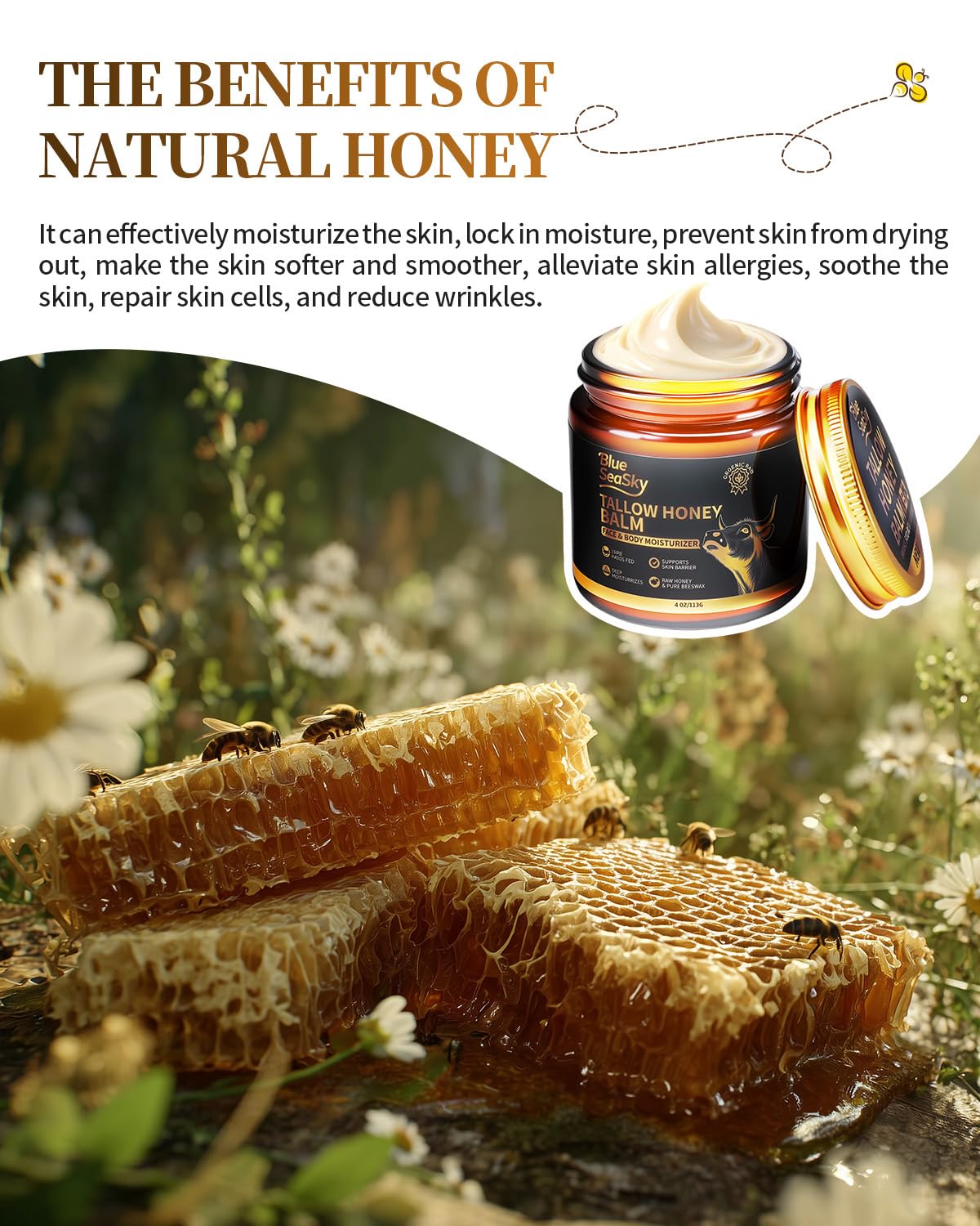 Blue Sea Sky Whipped Grass Fed Beef Tallow Balm with Raw Honey, Tallow Moisturizer for Dry Sensitive Skin, Redness Itch Relief, Eczema Rosacea Support, Non-Comedogenic Face & Body Skin Care