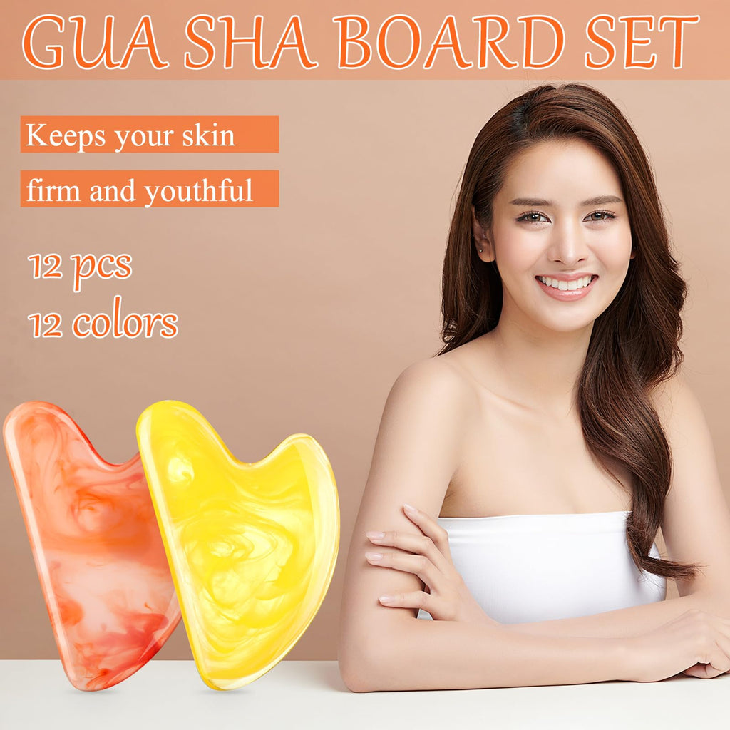 Sherr 12 Pcs Gua Sha Facial Tools Resin Heart Shaped Massage Guasha Tool for Face Guasha Board for Face Body Skin Massage Spa Acupuncture Prevent Wrinkles, 12 Colors(Retro Color)