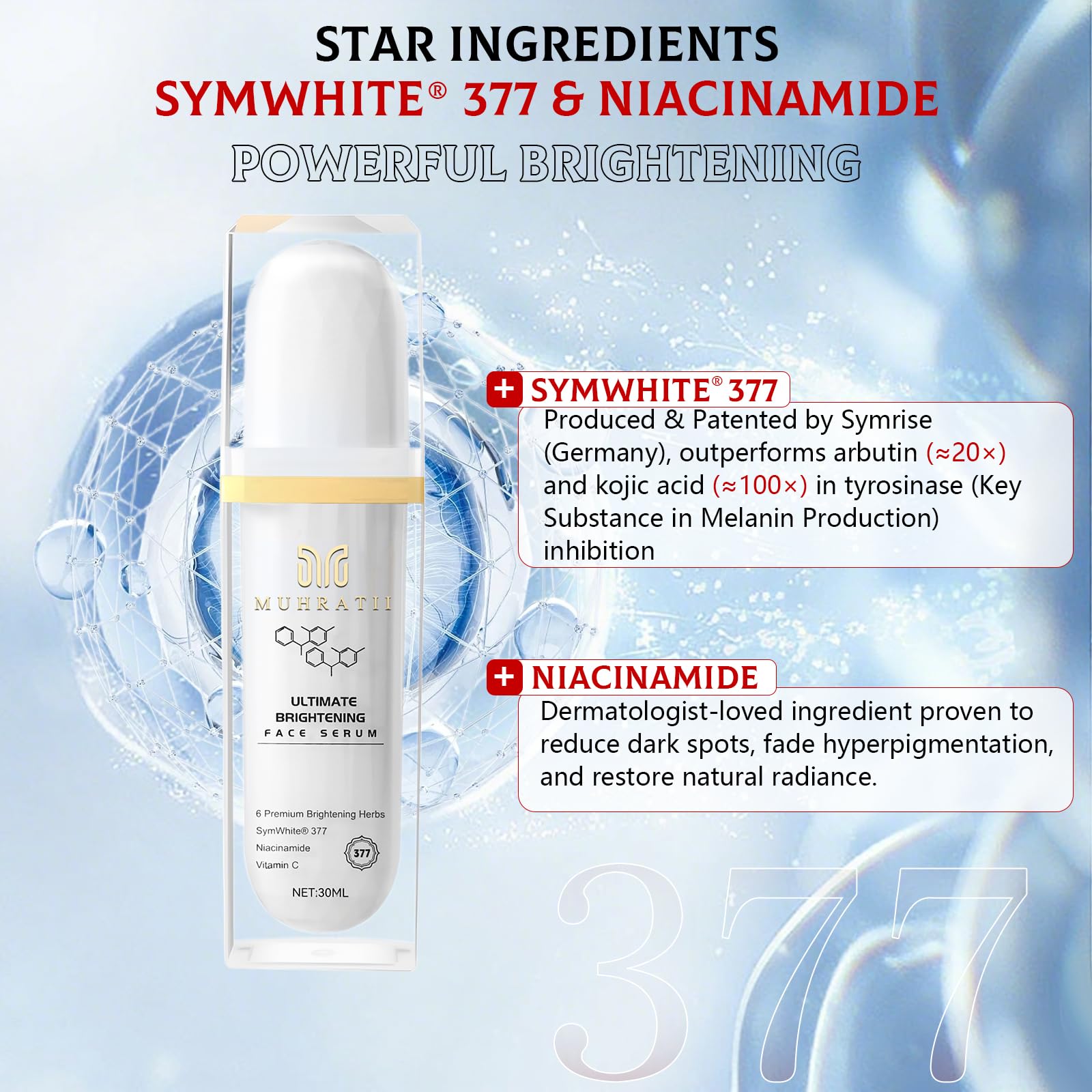 Ultimate Brightening Serum for Dark Spots - SymWhite 377 & 5% Niacinamide Skin Tone Evener - Vitamin C Facial Serum for Hyperpigmentation - Halal Certified Skincare - 1 fl oz