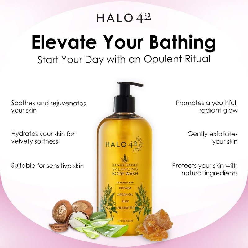 Halo 42 Body Wash – Organic & Natural Copaiba Infused Shower Gel Cleanser, Hydrating Skin Cleanser with Aloe Vera, Argan Oil and Shea Butter – Soothing & Refreshing Formula for All Skin Types – 16 oz