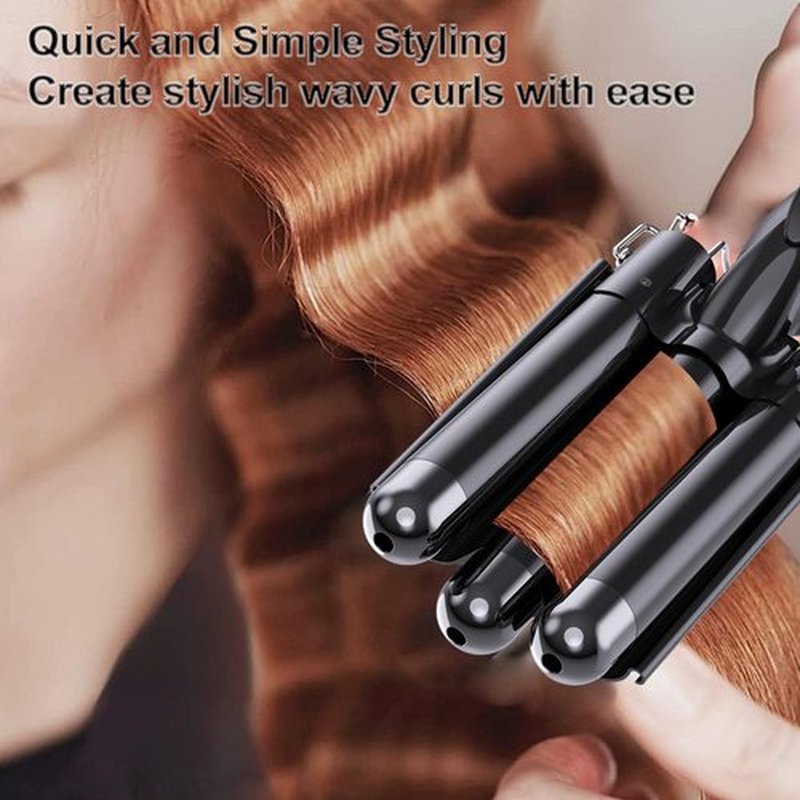 kuwa Three Barrel Curling Iron,Hair Crimper with LCD Temperature Display,1 Inch Crimper Hair Tool,Dual Voltage Hair Crimper,Beach Waver Curling Iron (Black)