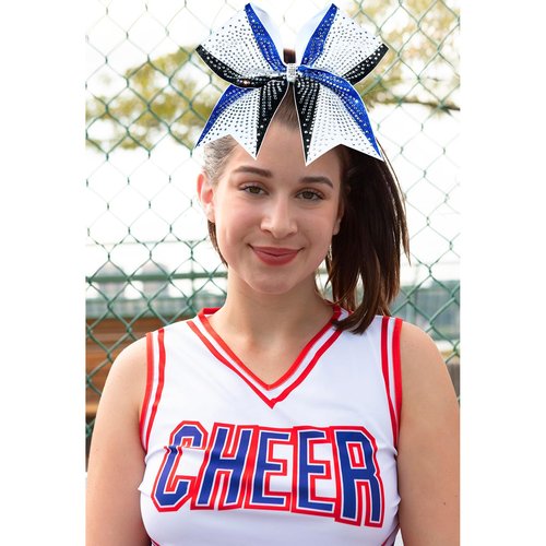 DEEKA 6PCS 8" Large Glitter Royal Blue and Black White Cheer Bows 3 Toned Rhinestones Stiff Cheer Hair Bows Elastic Band Competition Bows for Cheerleader Team Girls Sports -Royal Blue/Black/White