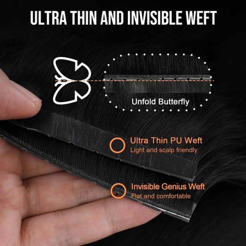 SUYYA Butterfly Weft Hair Extensions Human Hair Glueless OVO Pu Hole Genius Hand Tied Invisible DIY Double Weft Hair Extensions Straight 2PCS 18 inches Color #1 Jet Black