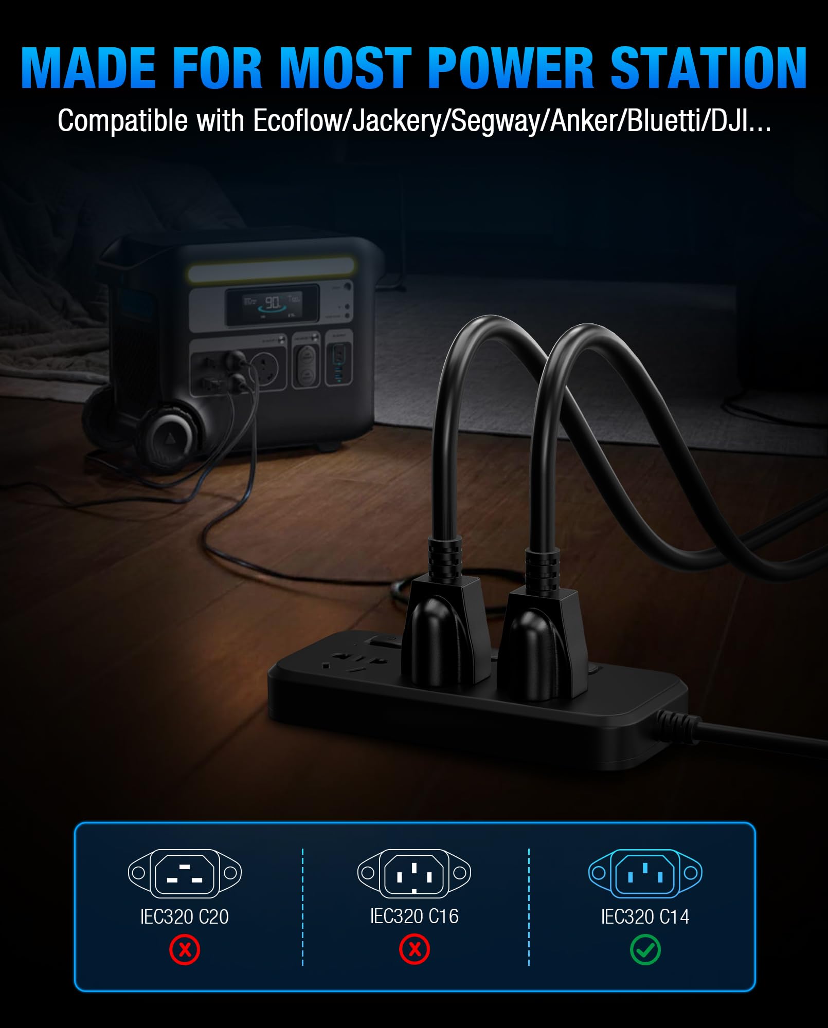 Heavy-Duty Power Station Charging Cable, 14AWG Fast Charger Cable for Jackery Explorer 2000/1500/1000 Pro,Ecoflow Delta/River Series,Bluetti EB3A;Anker 757/767, 125V 15A Universal AC Power Cord(6FT)
