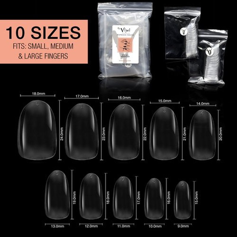 By Vixi 600 MEDIUM OVAL NAIL SET with PREP FILE, 10 Sizes – Clear Express Full Cover False Fingernail Extensions for Salon Professionals & Home Use