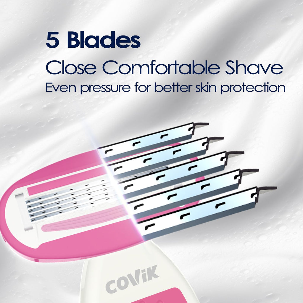 Covik Shave - Razor Handle for Women, 5-Blade Refills, Travel Razors & Mini Razor Blade Cover, Cute and non-slip Handle, for Travel, Pink