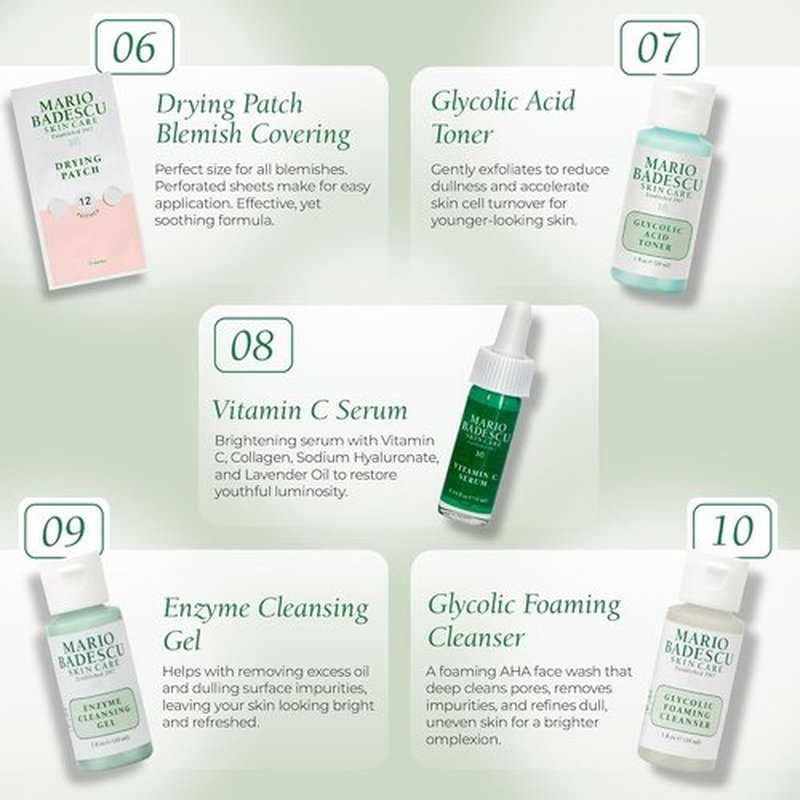 A Little Bit of Mario 10-Piece Skincare Kit | Vitamin C Serum, Glycolic Acid Toner & More - Brightening, Anti-Aging, Hydration