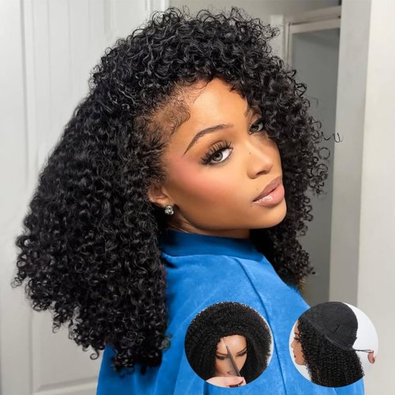Ding Dian Kinky Curly Half Wig Human Hair 200% Density 3 IN 1 Glueless Wear and Go Half Wig Human Hair With Drawstring Seamless Clip Ins Flip Over No Glue No Lace For Women Beginner Friendly 18 Inch