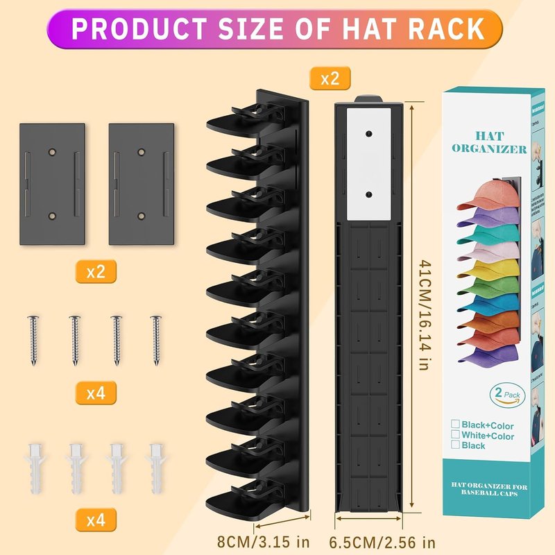 Volnamal Hat Organizer - 2 Pack Baseball Cap Rack for Wall | Holds Up to 40 Hats, Strong Adhesive Storage (Black)