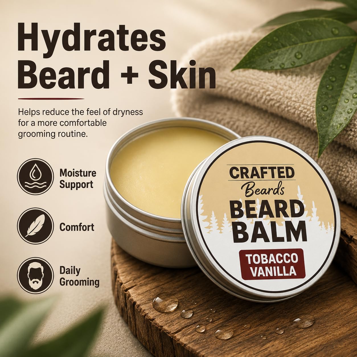 Crafted Beards Beard Balm - Tobacco Vanilla Scent - 2oz Tin - Beard Wax - Light Hold - (TV)