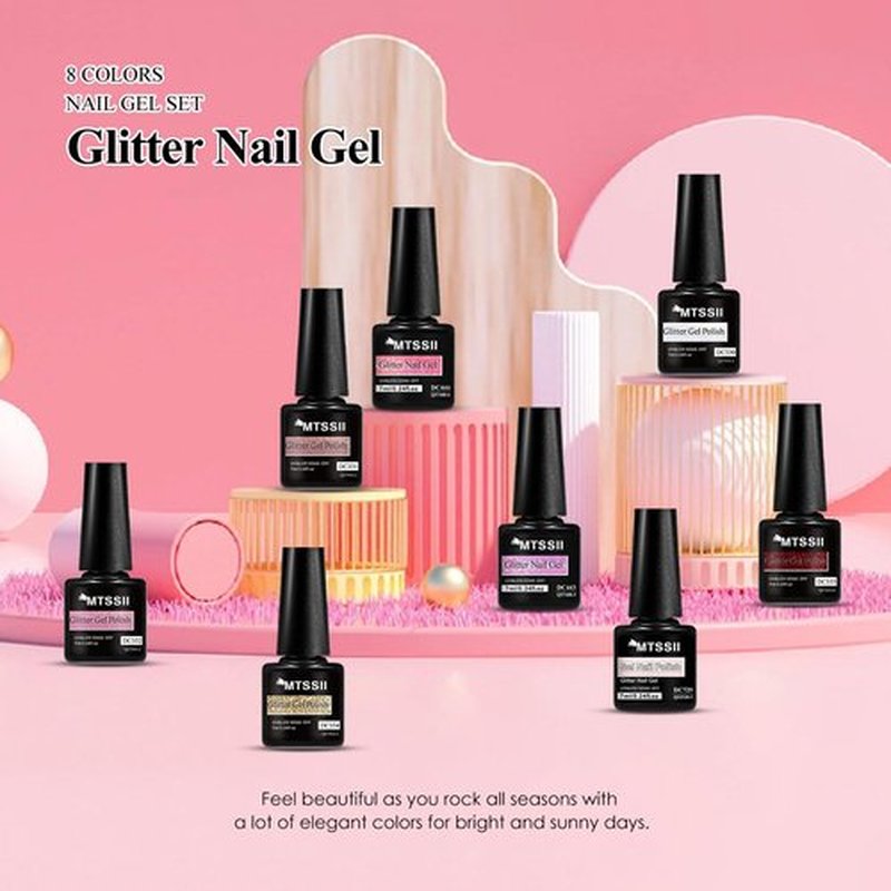 MTSSII Jelly Crystal Gel Nail Polish Set 8 Colors, Soak off UV LED Lamp Gel Nail Polish Set Mermaid Glitter Gel Polish Home Gel Manicure Kit 7 ml/0.24 FL.OZ (SET-6, 8PCS)