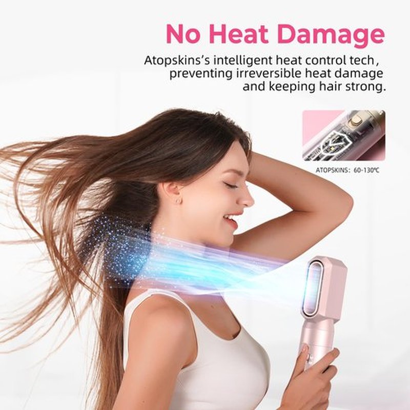 Atopskins 6 in 1 Hair Dryer Brush Hot Air Styler Detachable for Travel, Blow Dryer 3 Heat Settings to Straighten, Auto Curl, Volumize Home Salon Results Frizz-Free Shine All Hair Types (Pink-A)