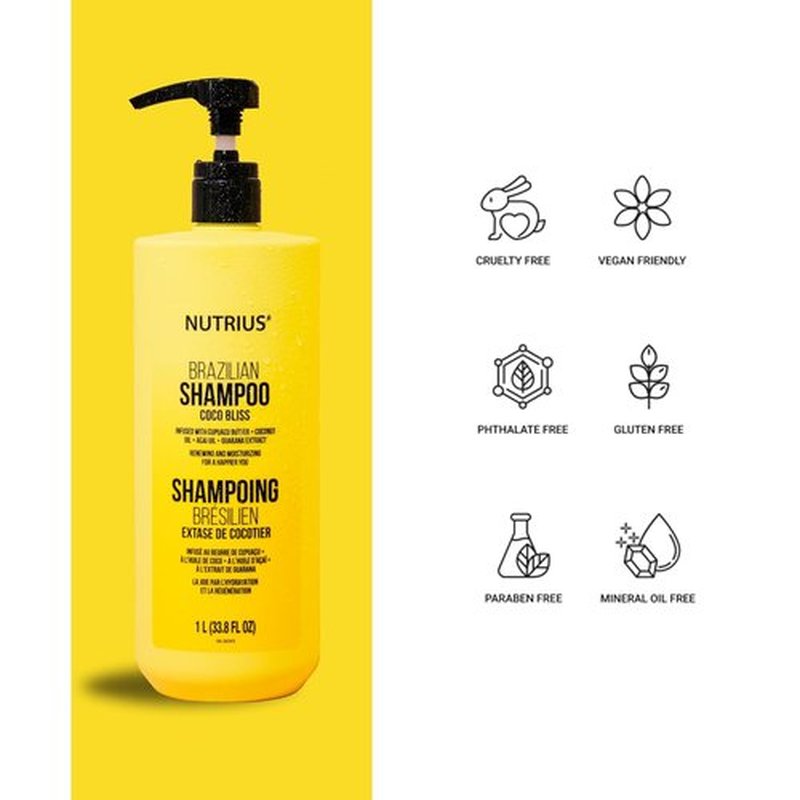 Nutrius Brazilian Shampoo - Coco Bliss Hydrating Coconut Oil Formula for Dry Hair | 33.8 fl oz