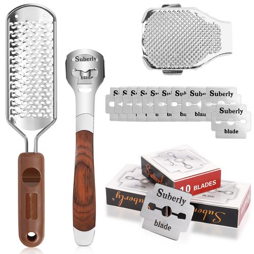 Pedicure Foot File & Callus Shaver Set,1 Wood Handle Callus Shaver with 30 Replacement Blades,1 Foot File Heads,1 Colossal Foot Rasp,Foot Scraper Foot Shaver Callus Remover for Feet