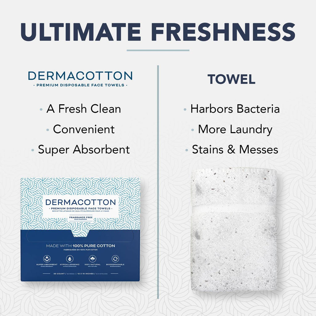 DERMACOTTON X-Large Cotton Disposable Face Towels – 100 Count Extra Large Disposable Wash Cloths for Face Washing, Makeup Removal & Acne Care | Ultra Soft, Hypoallergenic & Fragrance-Free