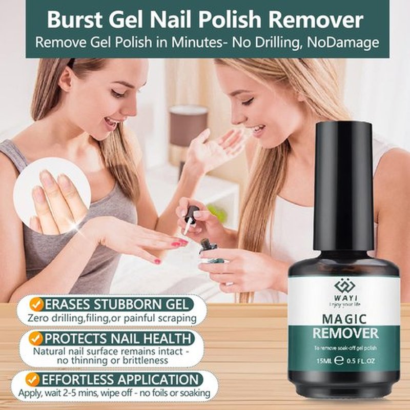 Gel Nail Polish Remover Kit - 2 Bottles Fast Gel Polish Remover with Cuticle Pusher, Dead Skin Fork, Nail File & Wooden Sticks, No Foil Needed, Quick Soak Off UV Gel Base & Top Coat Remover by Wayi
