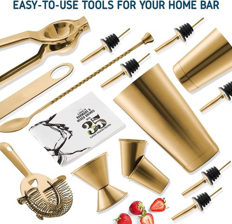 Skiennix Cocktail Shaker Set - 16-Piece Stainless Steel Mixology Kit with Gold Finish | Includes 30oz Shaker, Muddler, Jigger & Recipe Book
