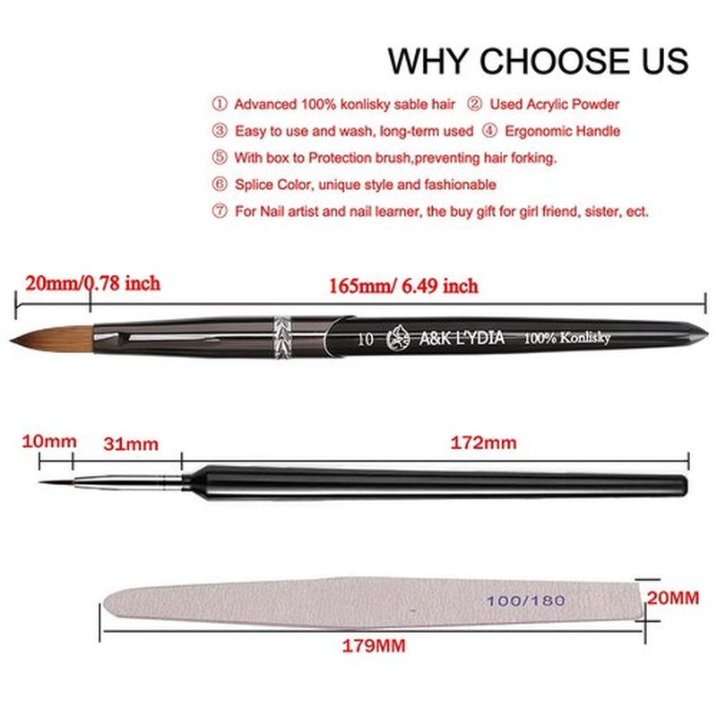 A&K L'YDIA Acylic Nail Brush-2pcs Pure Konlisky Sable hair Crimped Oval Nail Art Brush Black Metal handle with Nail Files for Professional acrylic Application Manicure Crystal Powder Pedicure