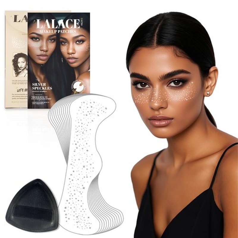 LALACE Glitter Freckles Face Tattoo – Sparkle Freckle Temporary Tattoo, Waterproof Face Glitter for Women, Face Sparkles & Face Freckles Glitter Makeup Accessories (12pcs Silver Star)