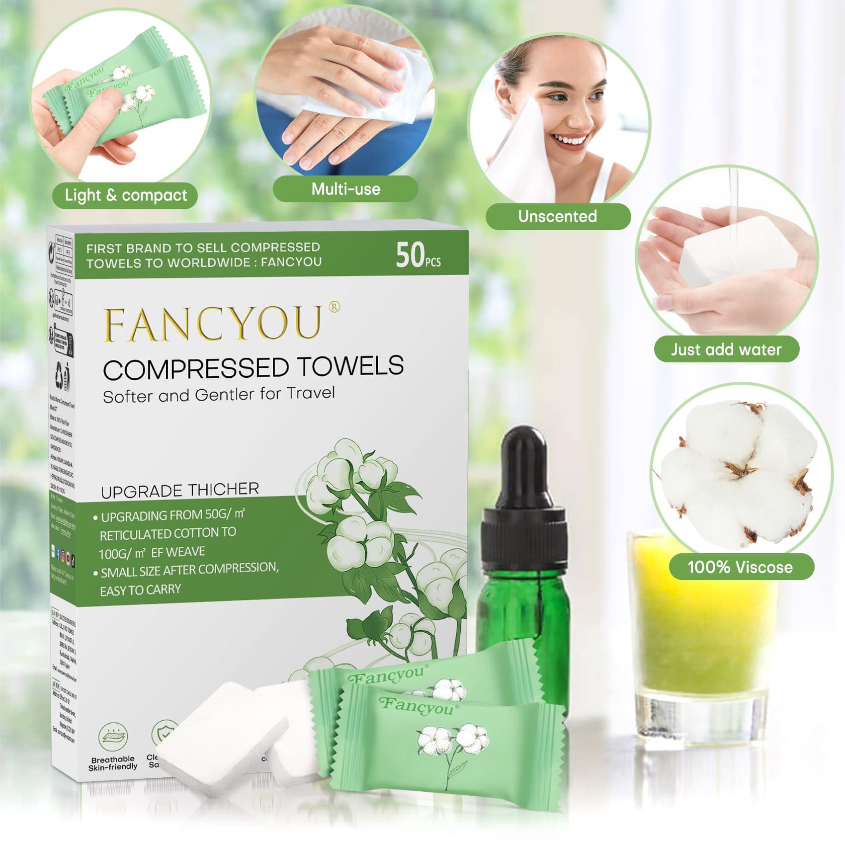 fancyou Disposable Face Towel Thicken 50 Pack Compressed Towel Tablets Reusable, Mini Disposable Facial Washcloths Compact Individually Wrapped Clean Towels for Travel Camping Beauty Home Gym (Green)