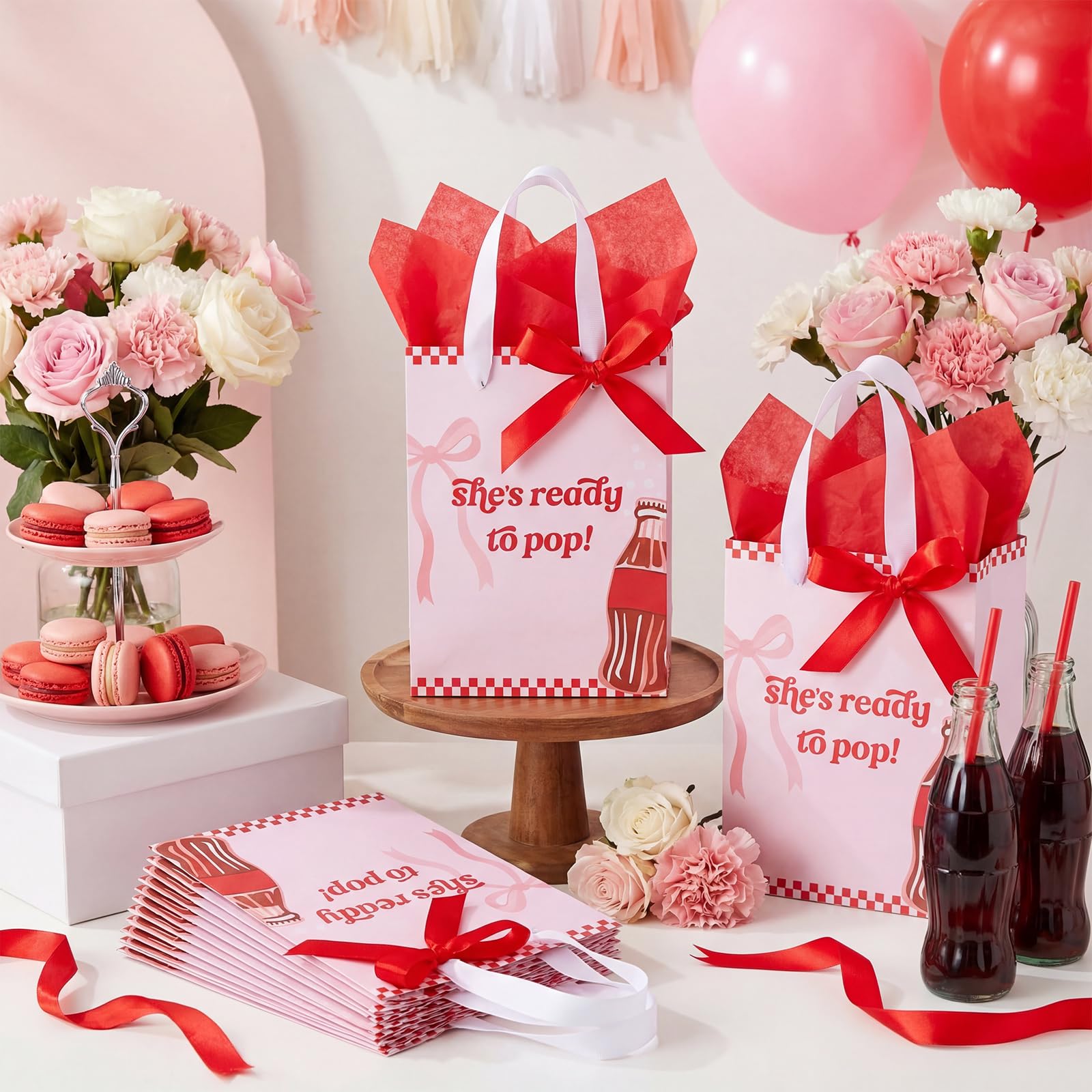 Willinglong 50 Packs She's Ready to Pop Baby Shower Gifts Bags Bulk Baby Shower Favor Bags with Handle Paper and 50 Sheets Decorative Tissue Paper for Guests Gifts Gender Reveal