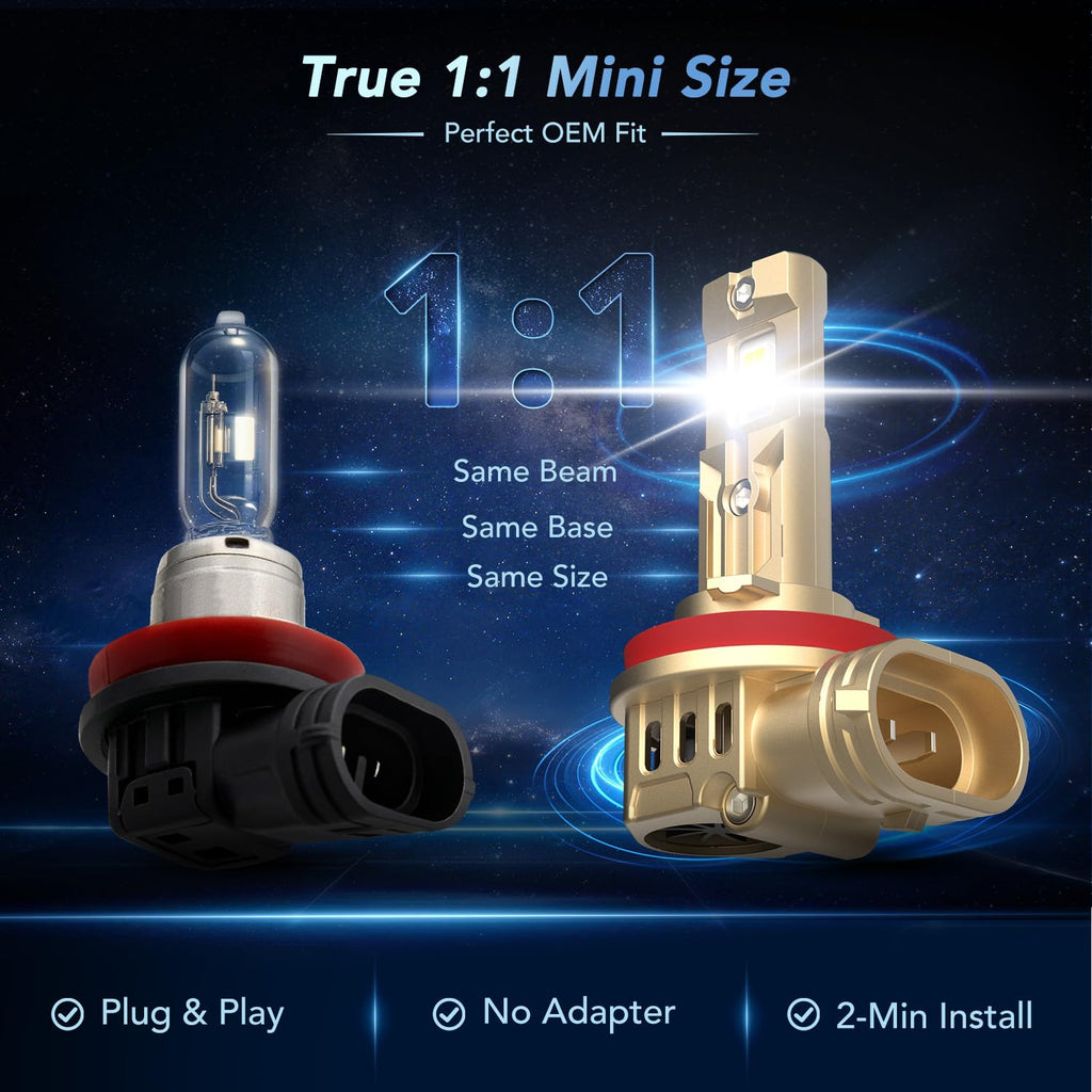 PERPOTAO 9005/HB3 H11/H8/H9 Head Light Bulbs Combo, 70000LM 800% Brighter, 60000H Lifespan, 6000K White, 1:1 Mini Size, IP68 Waterproof, Plug & Play, 4-Pack