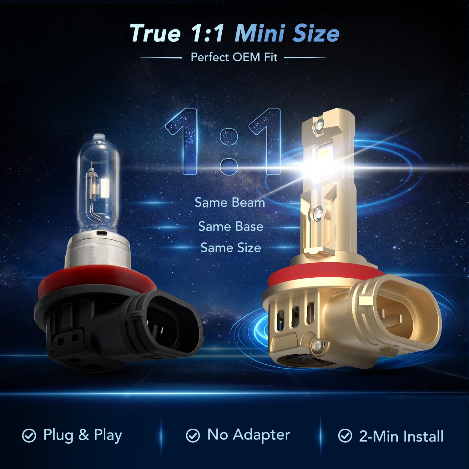PERPOTAO 9005/HB3 H11/H8/H9 Head Light Bulbs Combo, 70000LM 800% Brighter, 60000H Lifespan, 6000K White, 1:1 Mini Size, IP68 Waterproof, Plug & Play, 4-Pack