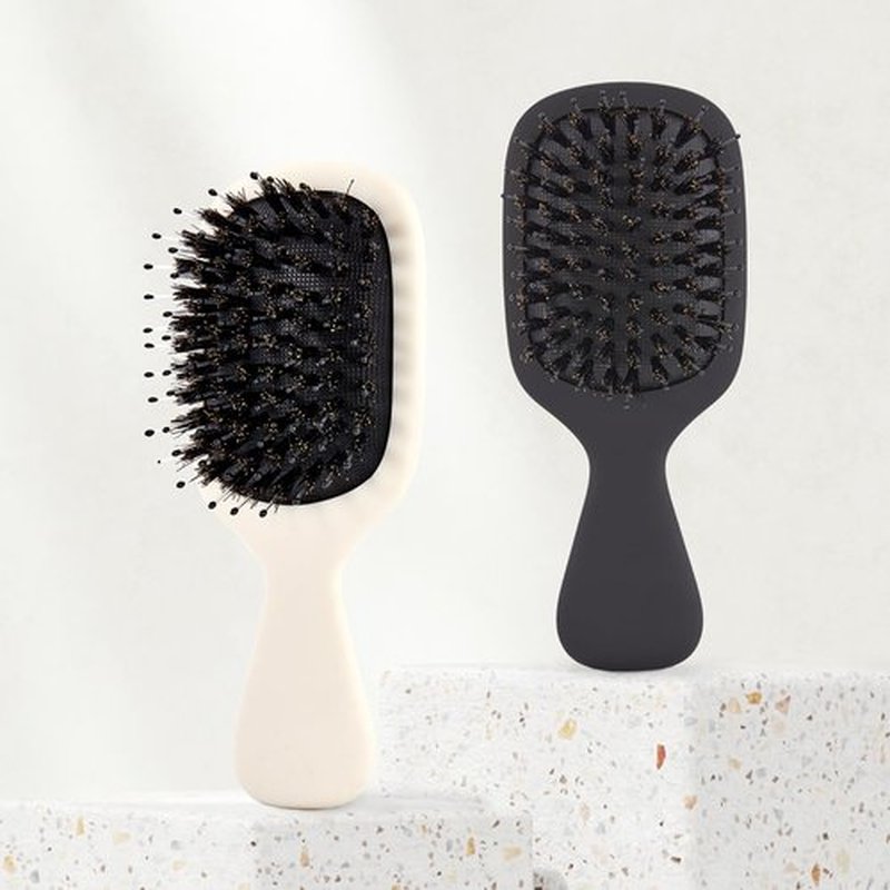 Jurrissa Mini Boar Bristles Hair Bursh, Travel Size Hair Brush for Women Men Kids, Protable Small Hair Brush for Pockets Purses, Mini Detangler Brush for Smooth Add Shine(White)