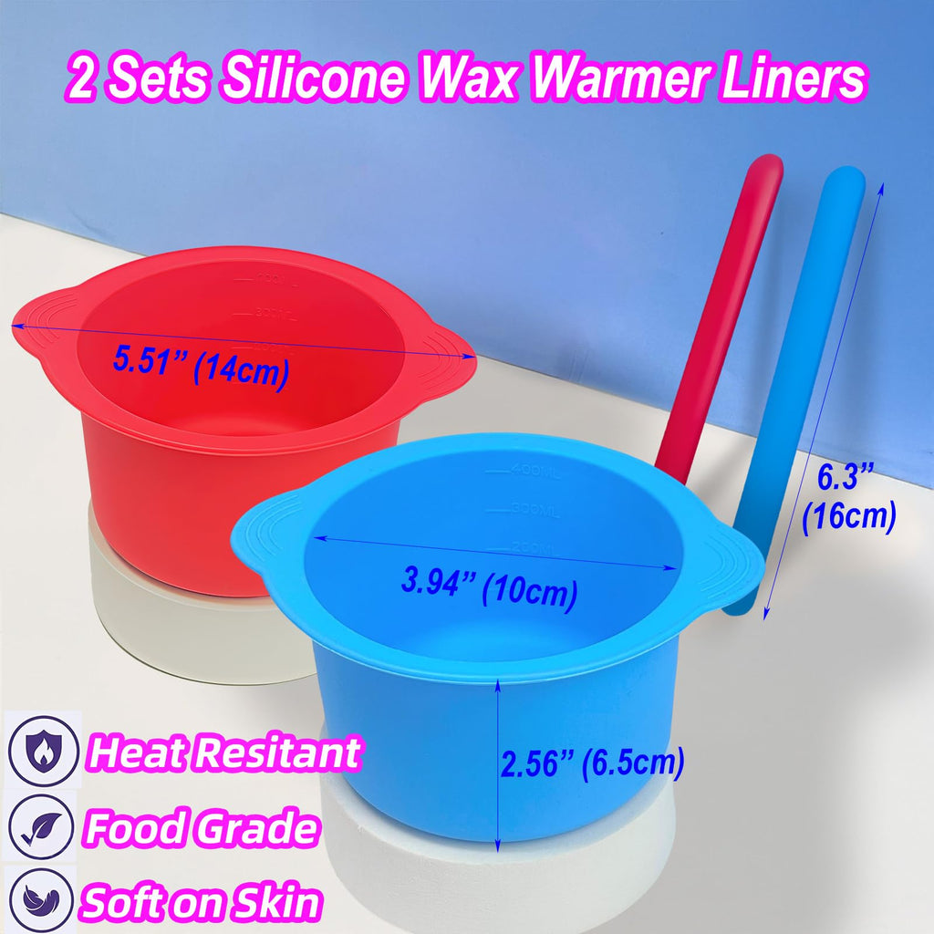 Silicone Wax Warmer Liners, 2-Pack Non-Stick Wax Pot Replacement with 2 Silicone Wax Sticks for Hair Removal, Gigi Wax Warmer, Kolua Wax Kit, Body Wax Warmer (Red & Blue)