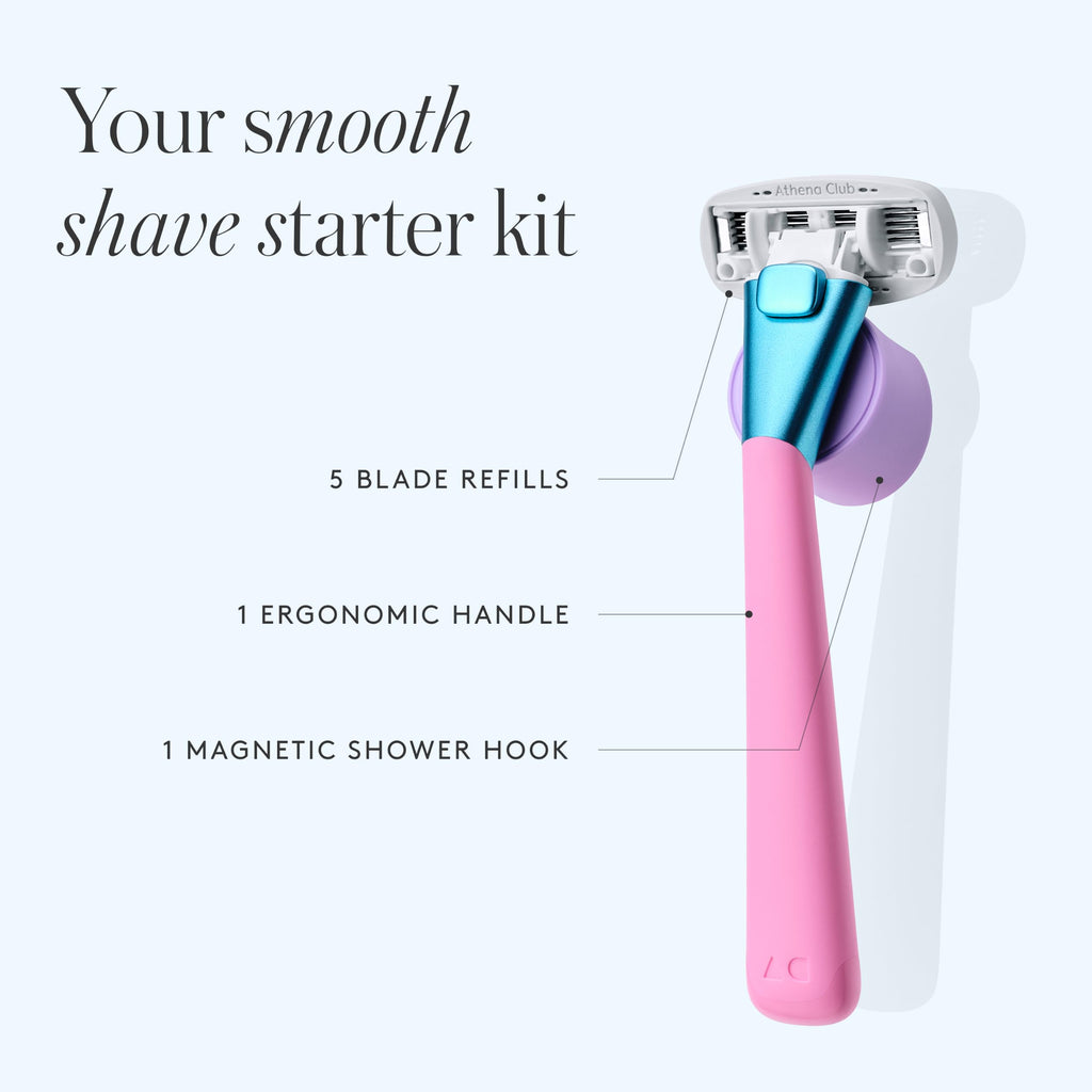 Athena Club Women’s Razor Kit, 5-Blade Cartridge Razor for Sensitive Skin, Serum-Infused Blades with Shea Butter and Hyaluronic Acid, Includes Handle, 5 Refills and Magnetic Shower Hook - Pool Party