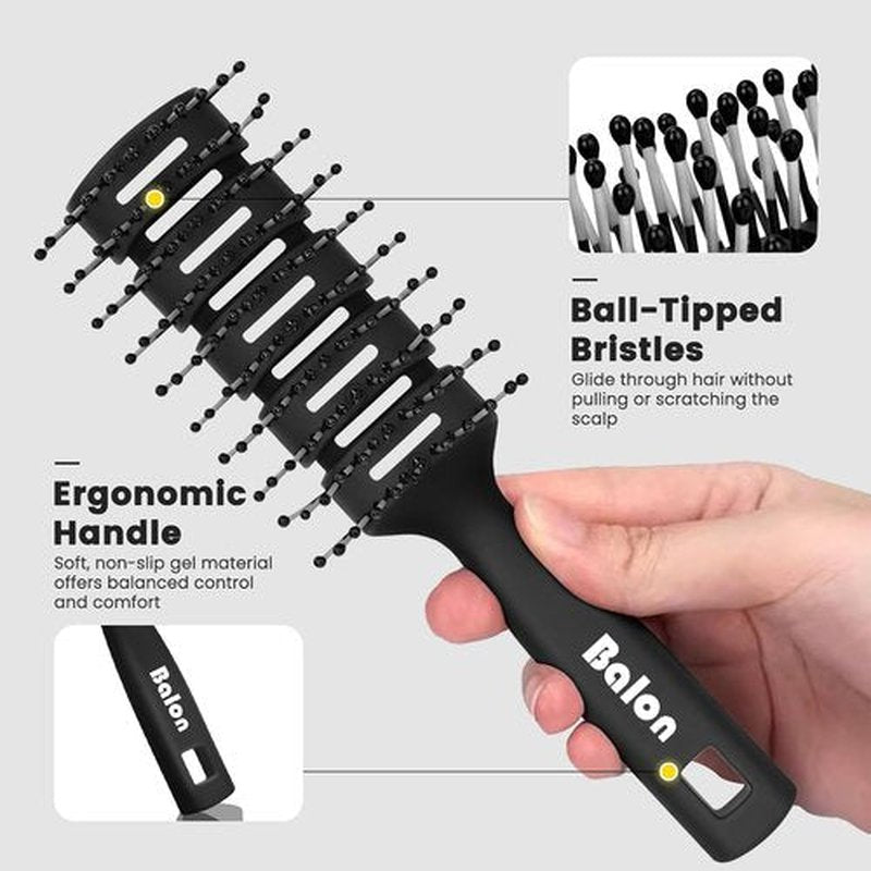Balon Hair Brush - Speed Dry Vent Brush for Pain-Free Detangling | Ideal for Curly Hair (Black)